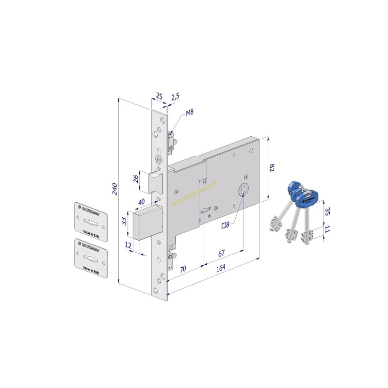 Serratura 2008 DM triplice/catenaccio+scrocco/E.70/4 mandate/3 chiavi 0CVB