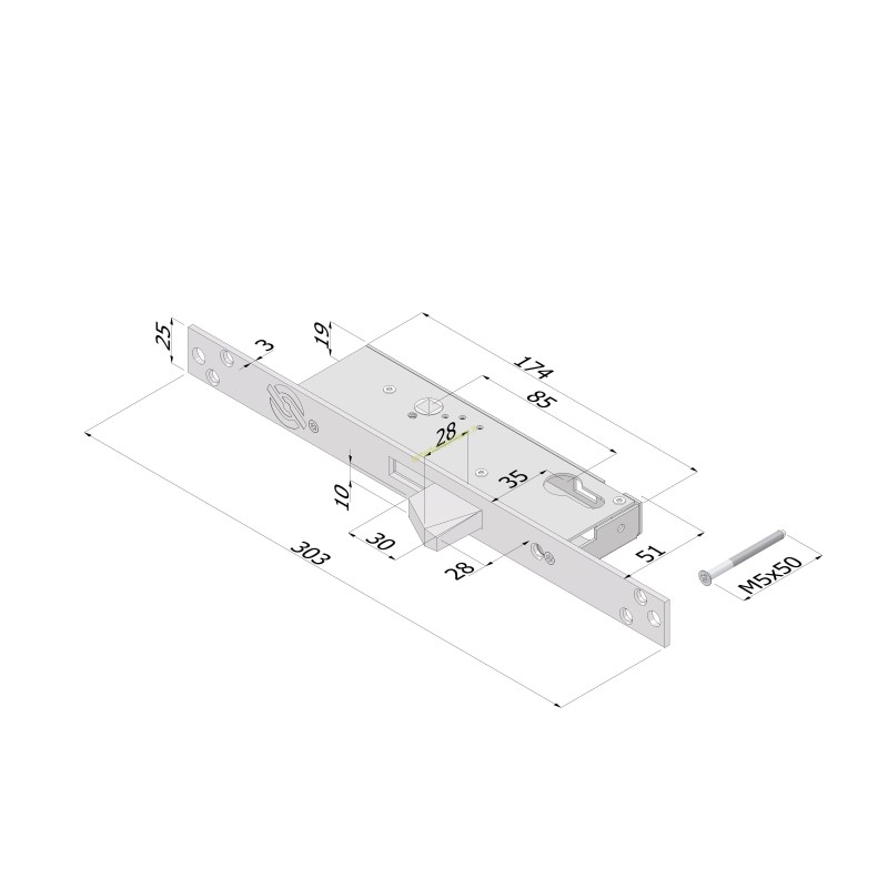 Serratura semplice EXTENSION a cilindro c/catenaccio basculante E.35/L.51xH.174xS.19 mm