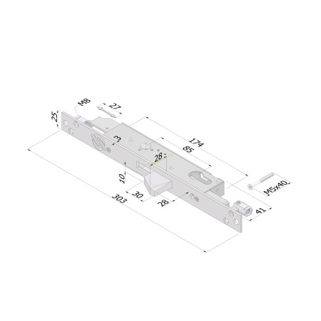 Serratura triplice EXTENSION a cilindro c/catenaccio basculante/corsa aste 27/E.25/L.41xH.174xS.19 mm