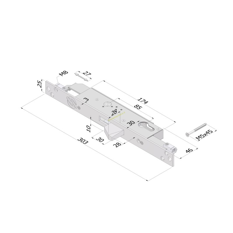 Serratura triplice EXTENSION a cilindro c/catenaccio basculante/corsa aste 27/E.30/L.46xH.174xS.19 mm