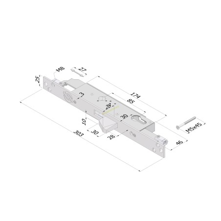 Serratura triplice EXTENSION a cilindro c/catenaccio basculante/corsa aste 27/E.30/L.46xH.174xS.19 mm