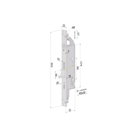 Serratura triplice EXTENSION a cilindro c/catenaccio basculante/corsa aste 27/E.35/L.51xH.174xS.19 mm c/frontale