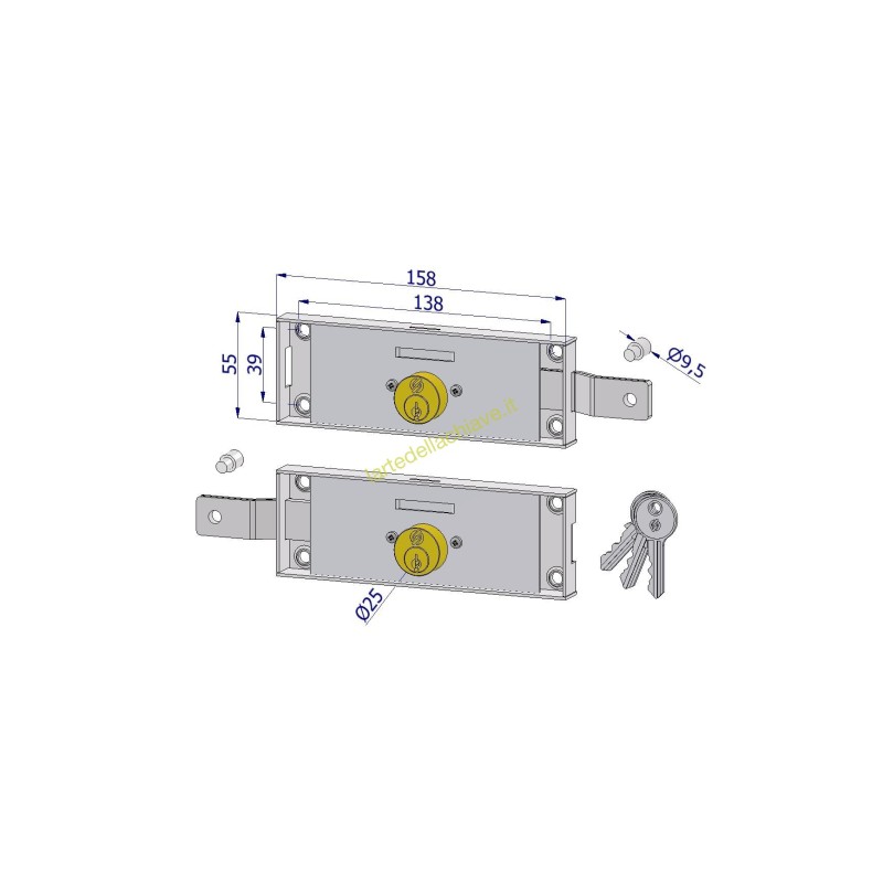 Coppia serrature laterali DX+SX a cilindro tondo Ø25 per serranda/CH45 piegato/GC 8/3 chiavi 0C22