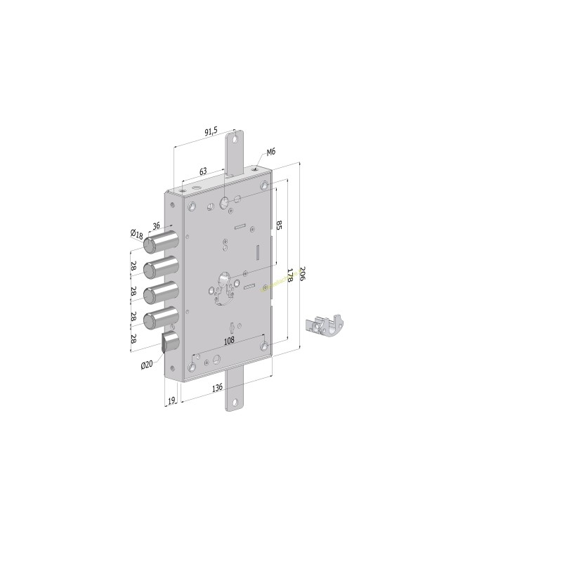 Serratura triplice a cilindro 3 mandate 260 SX/REVERSIBILE/DX/CR/S.6/int.28 mm/aletta conf. singola