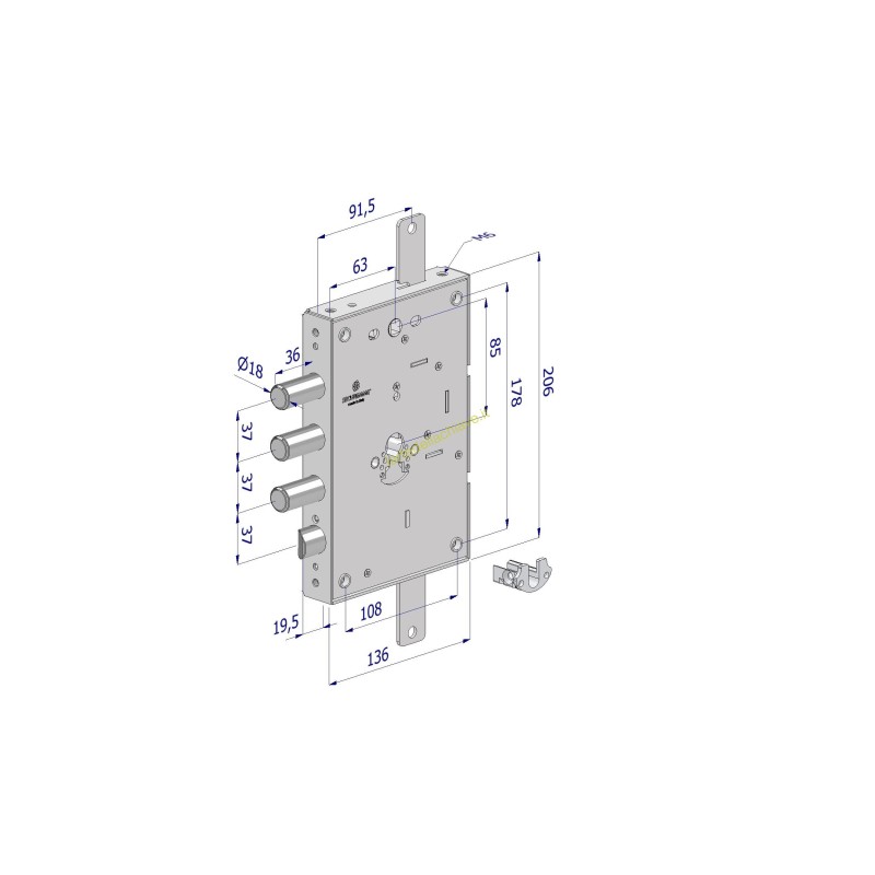 Serratura triplice a cilindro 3 mandate 260 SX/REVERSIBILE/DX/CR/S.6/int.37 mm/aletta conf. singola