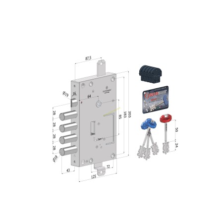 Serratura triplice 140C a doppia mappa SECURMAP SX+DX CR INT.28 mm 1+3 chiavi 0CC5 conf. singola