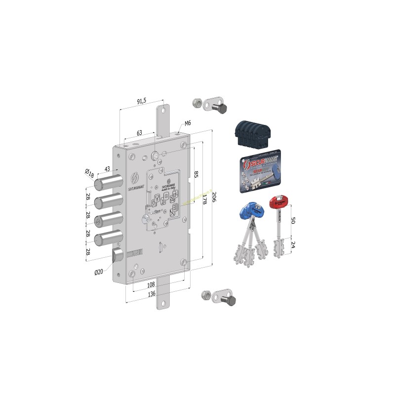 Serratura triplice 250 SX E.63 int.28 mm DIERRE/ATRA 6112 c/cuore SECURMAP 1+3 CHIAVI 0CC5 conf. singola