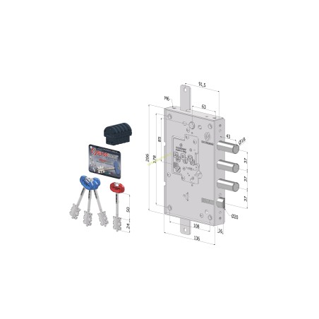 Serratura triplice 250 DX CR S.3 int.37 mm c/cuore intercambiabile SECURMAP 1+3 CHIAVI 0CC5 conf. singola