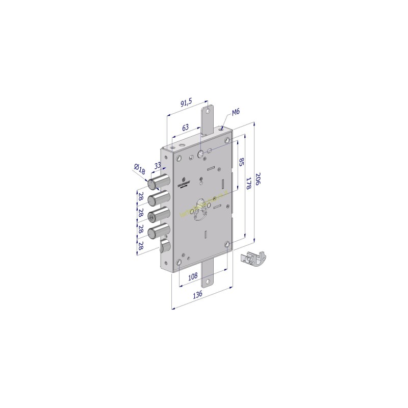 Serratura triplice a cilindro 3 mandate 260 SX/REVERSIBILE/DX/CR/S.3/int.28 mm/aletta conf. singola