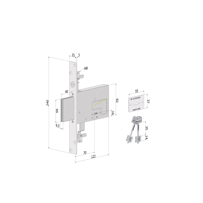 Serratura 2033 TRIPLEX E.70 con 4 mandate corsa 40 mm e 2 chiavi 0C14 SECURMAP14